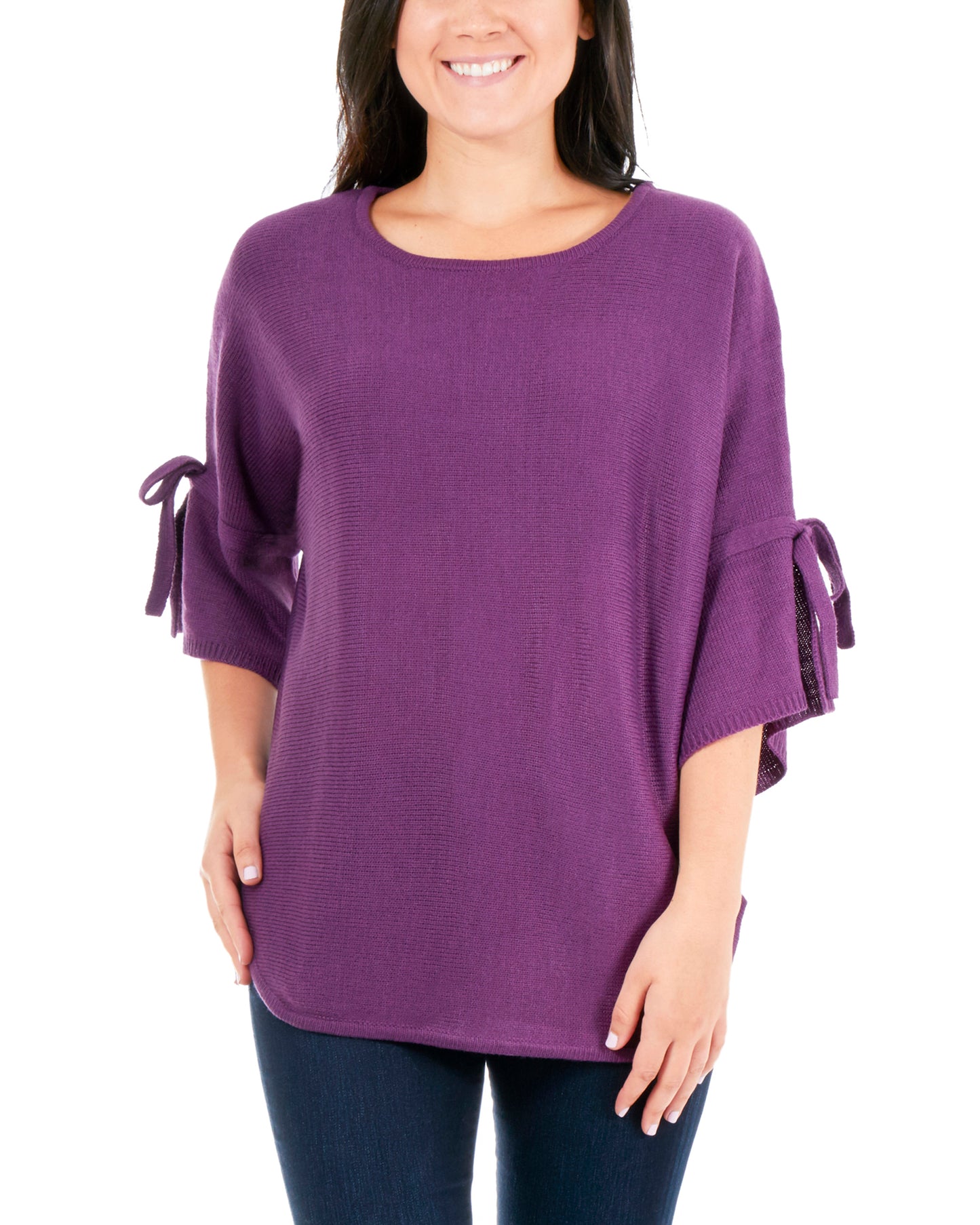 Suéter feminino NY Collection com bainha redonda e manga amarrada, roxo, tamanho M