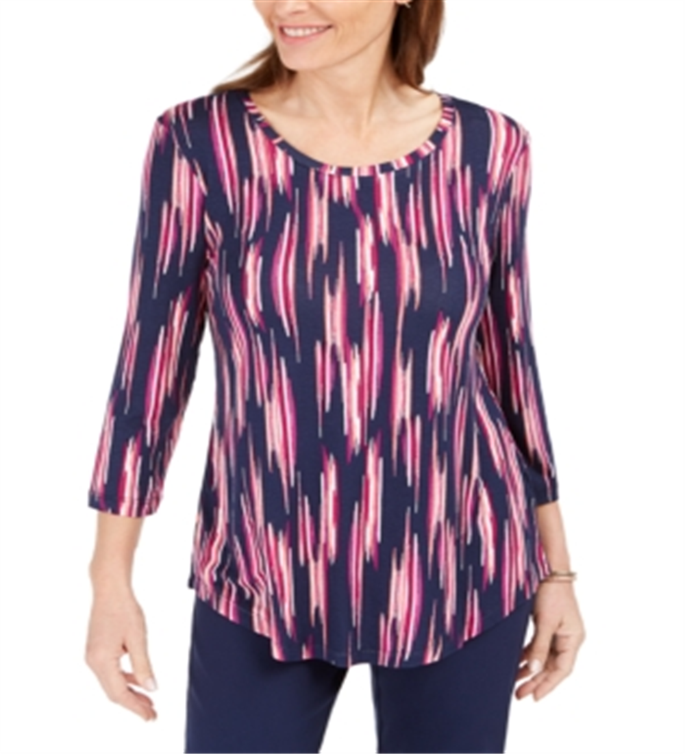 Camiseta feminina estampada manga 3/4 da coleção JM, azul, tamanho XS