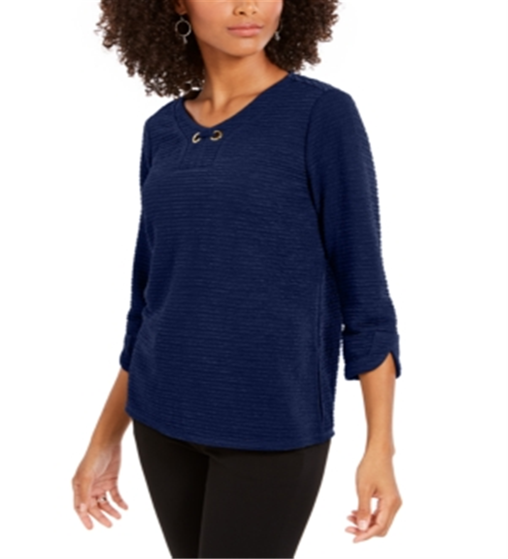Blusa feminina NY Collection com manga 3/4 texturizada em azul, tamanho pequeno XL