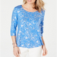 Blusa feminina estampada com manga 3/4 da coleção JM, azul, tamanho pequeno M