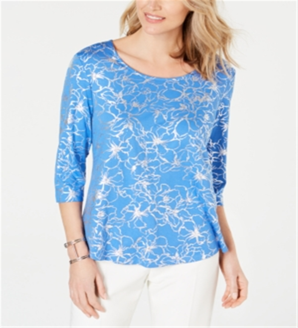 Blusa feminina estampada com manga 3/4 da coleção JM, azul, tamanho pequeno M