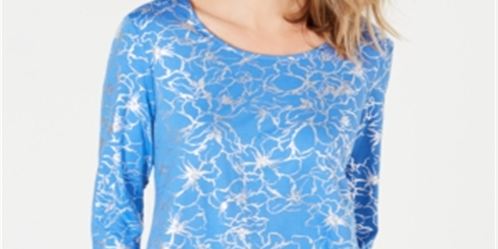 Blusa feminina estampada com manga 3/4 da coleção JM, azul, tamanho pequeno M