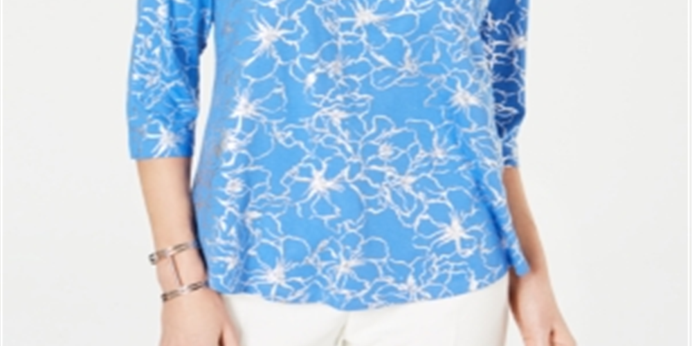 Blusa feminina estampada com manga 3/4 da coleção JM, azul, tamanho pequeno M