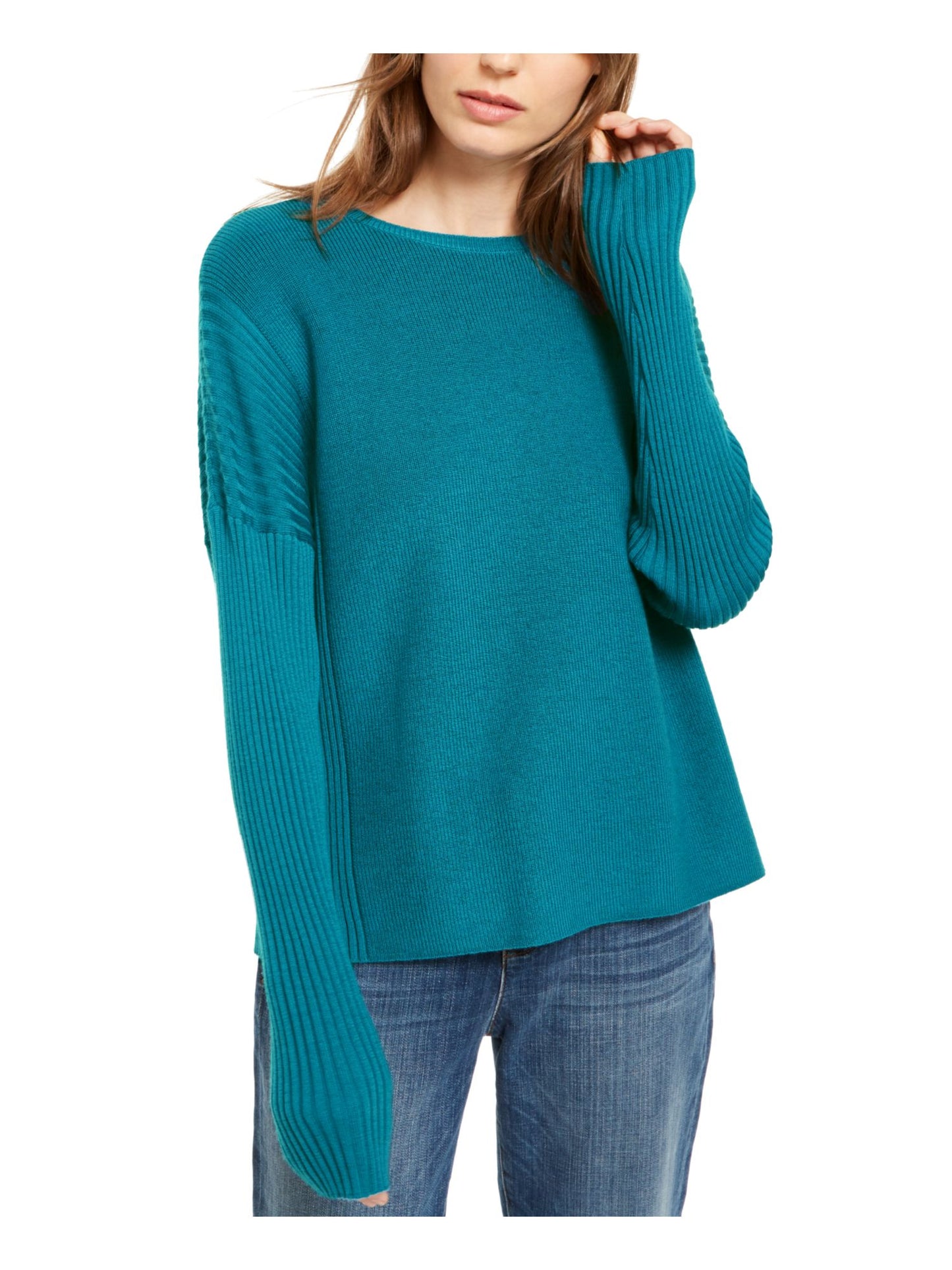 Suéter feminino texturizado de manga comprida e gola joia Eileen Fisher, verde, tamanho extragrande