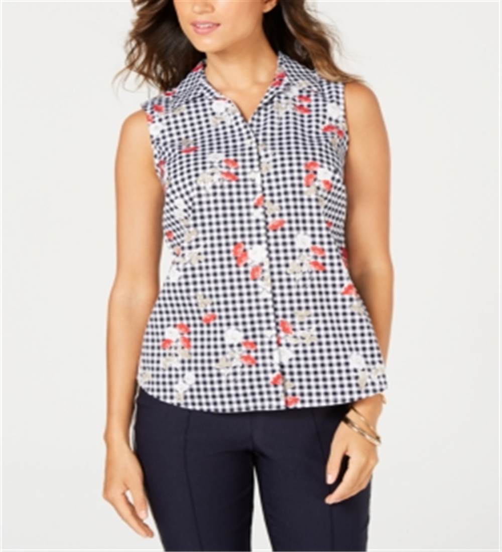 Blusa xadrez floral sem mangas feminina Charter Club, branca, tamanho 6