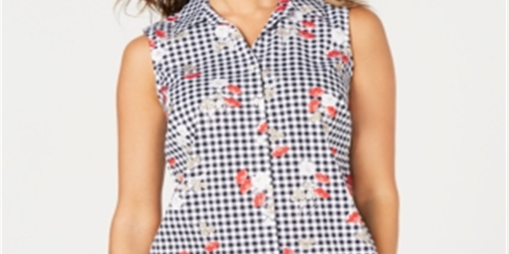 Blusa xadrez floral sem mangas feminina Charter Club, branca, tamanho 6