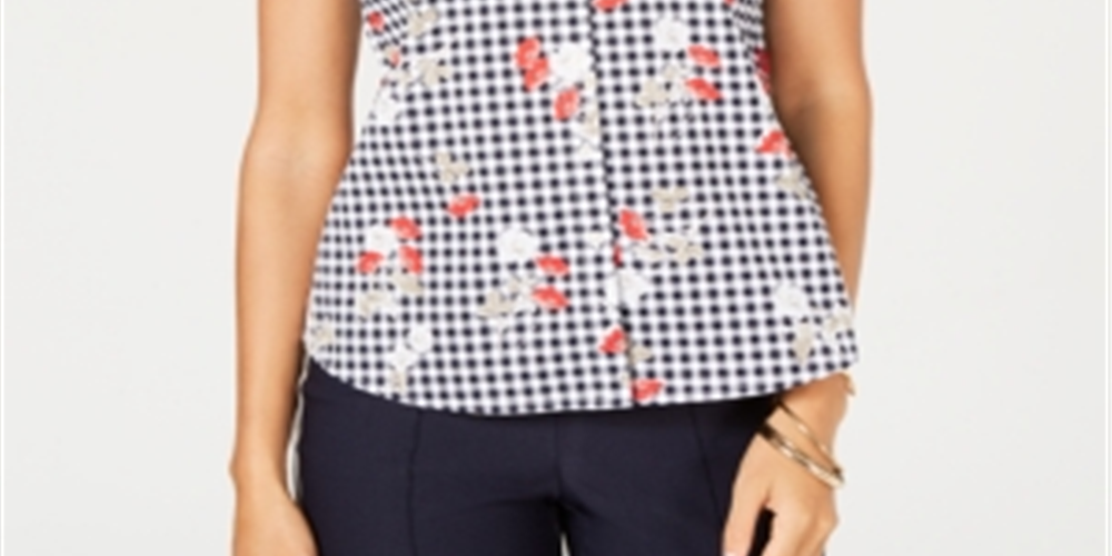 Blusa xadrez floral sem mangas feminina Charter Club, branca, tamanho 6