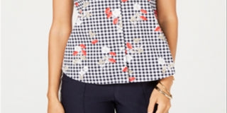 Blusa xadrez floral sem mangas feminina Charter Club, branca, tamanho 6