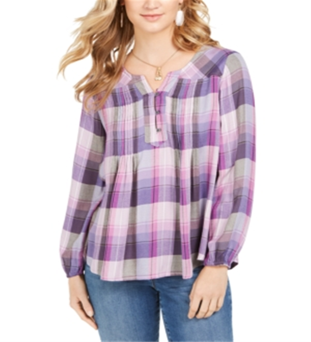 Blusa xadrez feminina com decote dividido, roxa, tamanho XL, estilo &amp; co