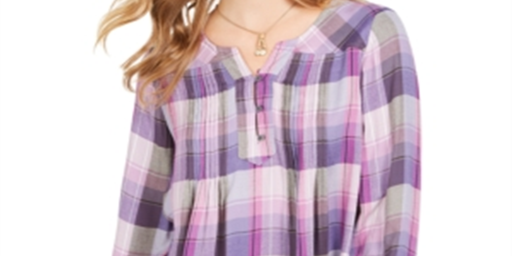 Blusa xadrez feminina com decote dividido, roxa, tamanho XL, estilo &amp; co