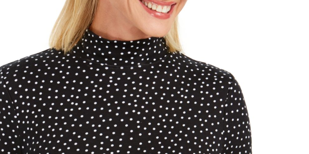 Camiseta feminina Charter Club com estampa de bolinhas, manga comprida, gola alta, preta, tamanho grande