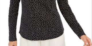 Camiseta feminina Charter Club com estampa de bolinhas, manga comprida, gola alta, preta, tamanho grande