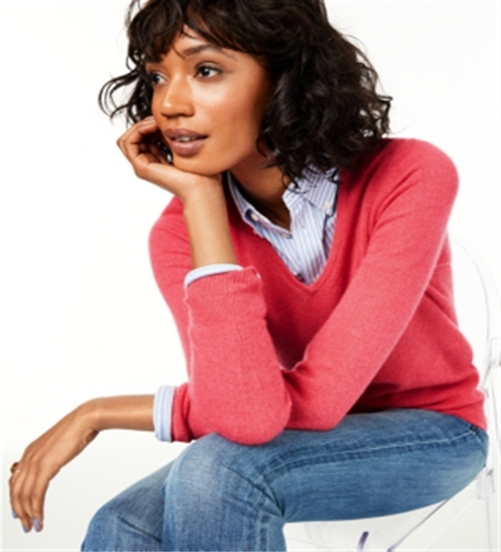 Suéter de cashmere feminino com decote em V Charter Club, vermelho, tamanho XS