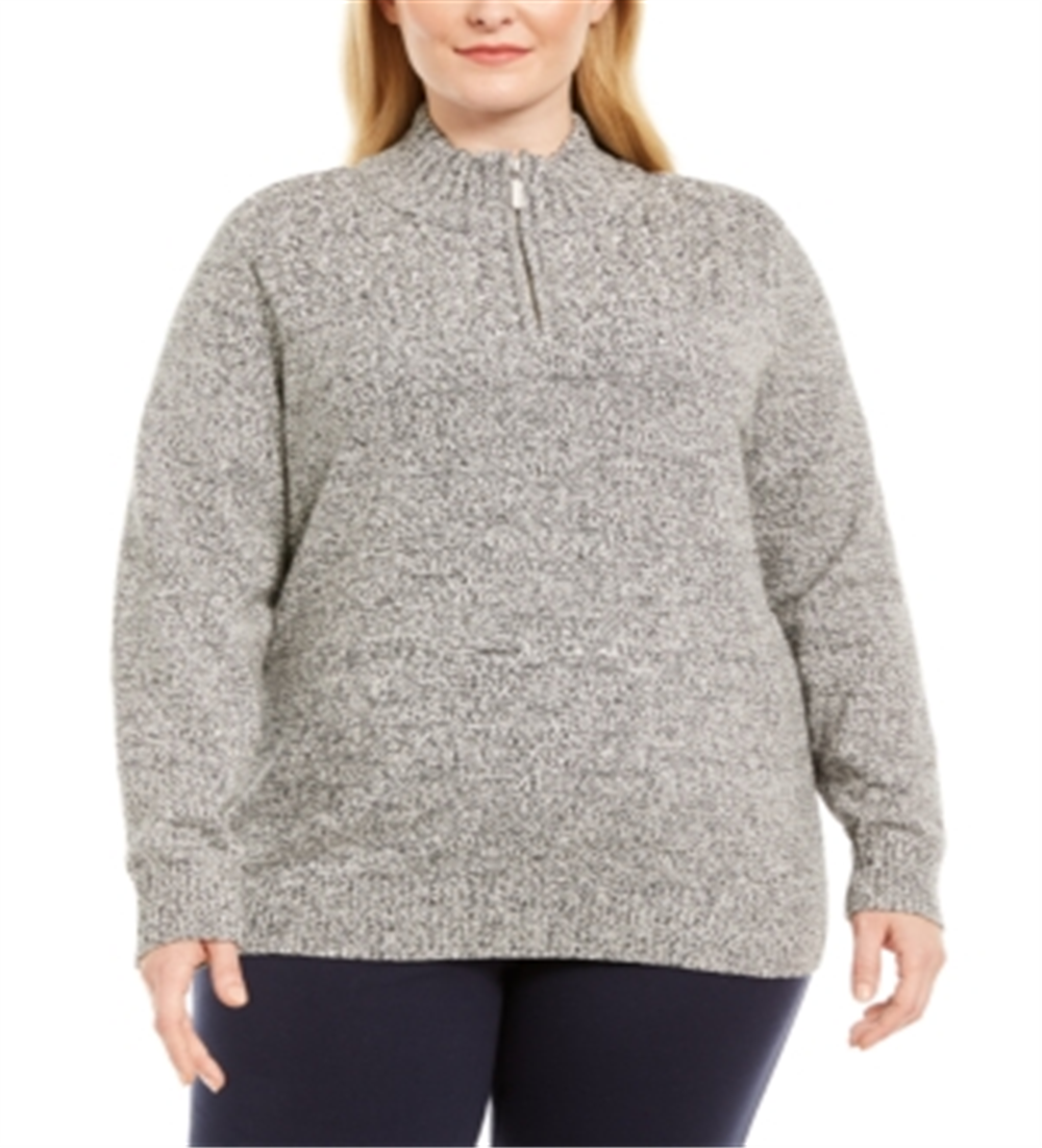 Karen Scott Suéter Feminino de Algodão Marrom com Zíper 1/4 e Gola Simulada, Tamanho 1X