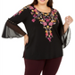 Blusa feminina plus size floral com manga sino, preta, tamanho 0X, da coleção JM