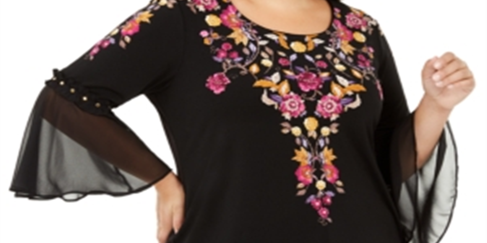 Blusa feminina plus size floral com manga sino, preta, tamanho 0X, da coleção JM