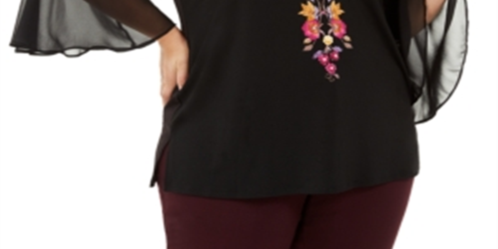 Blusa feminina plus size floral com manga sino, preta, tamanho 0X, da coleção JM