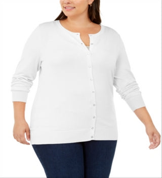 Cardigan feminino plus size com gola redonda e manga comprida Charter Club, branco, tamanho XXXL