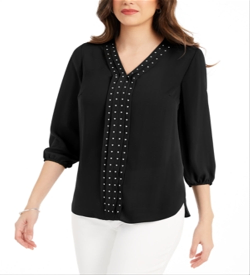 Blusa plissada com tachas lisas JM Collection para mulheres, preta, tamanho XL