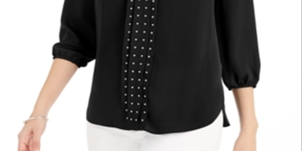 Blusa plissada com tachas lisas JM Collection para mulheres, preta, tamanho XL