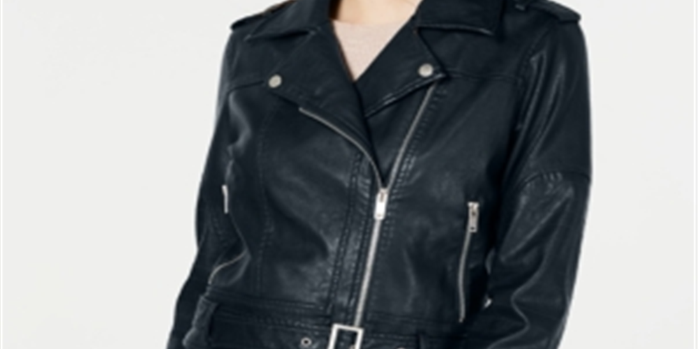 Jaqueta de couro sintético com cinto da coleção B Junior, tamanho grande, azul