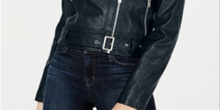Collection B Junior's Faux Leather Belted Moto Jacket Blue Size Large