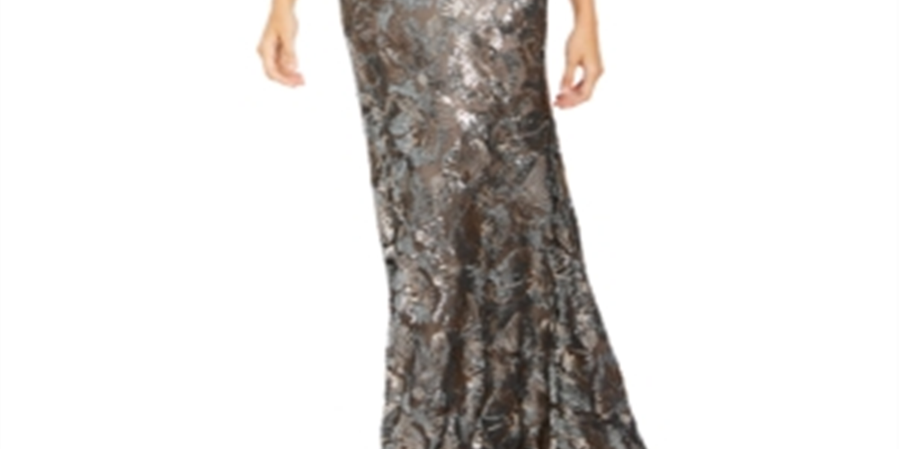 Vestido de festa longo Calvin Klein cinza com lantejoulas, manga curta, gola redonda, tamanho 6