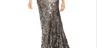 Vestido de festa longo Calvin Klein cinza com lantejoulas, manga curta, gola redonda, tamanho 6