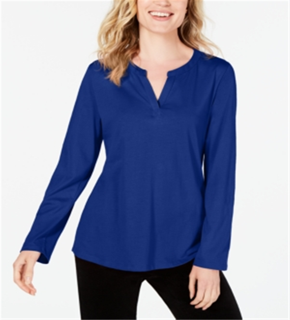 Blusa feminina Charter Club com mangas ajustáveis ​​e lisa, azul, tamanho pequeno