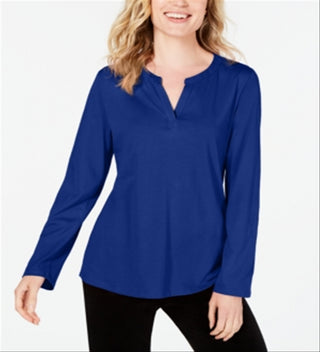 Blusa feminina Charter Club com mangas ajustáveis ​​e lisa, azul, tamanho pequeno