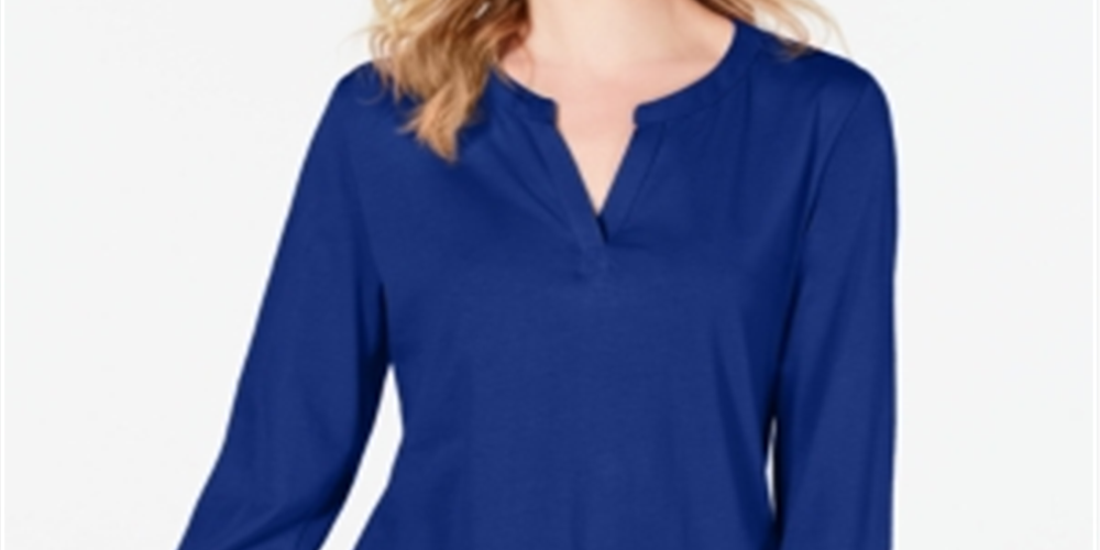 Blusa feminina Charter Club com mangas ajustáveis ​​e lisa, azul, tamanho pequeno