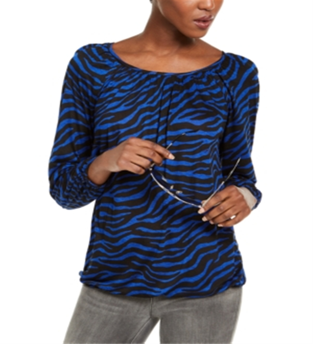 Blusa feminina Michael Kors com decote redondo e estampa animal, azul, tamanho grande