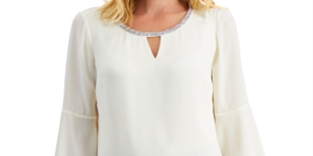 JM Collection Top feminino com manga sino e strass, branco, tamanho pequeno