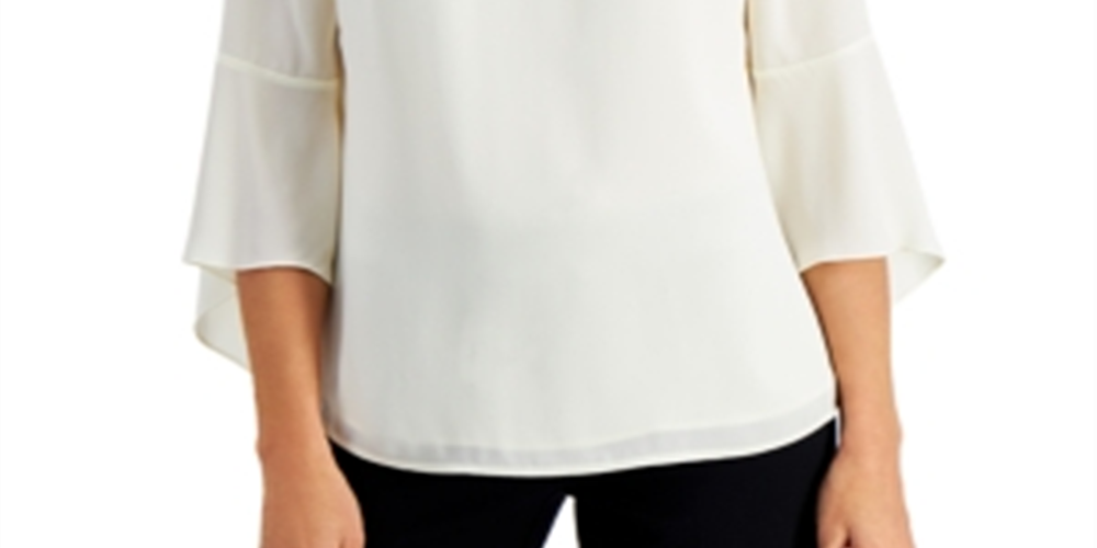 JM Collection Top feminino com manga sino e strass, branco, tamanho pequeno