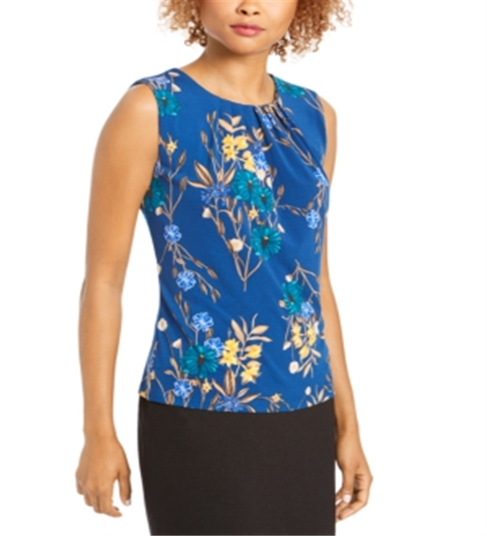 Blusa Calvin Klein Feminina Estampa Floral Plissada Azul Tamanho XS