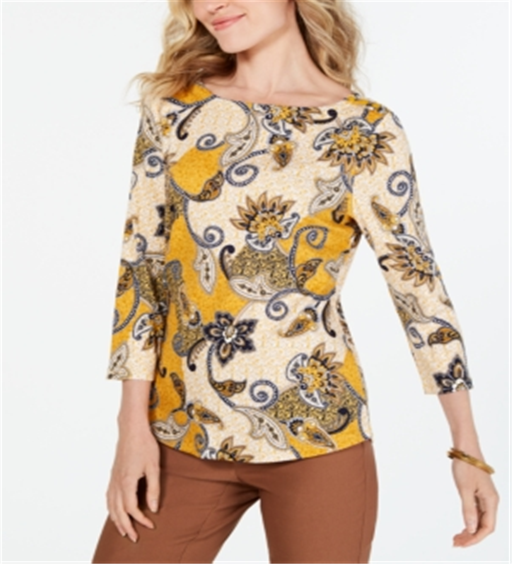 Blusa feminina Charter Club de algodão estampado com manga 3/4, amarela, tamanho médio