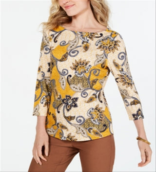 Blusa feminina Charter Club de algodão estampado com manga 3/4, amarela, tamanho médio