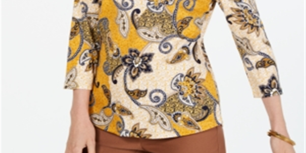 Blusa feminina Charter Club de algodão estampado com manga 3/4, amarela, tamanho médio