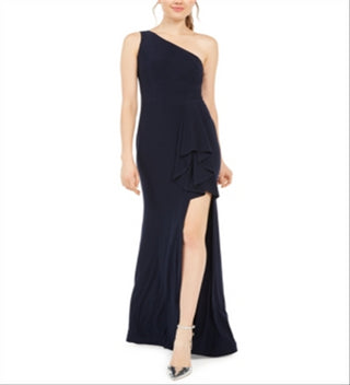 Blondie Women's Slitted Solid Asymmetrical Neckline Full Length Sheath Formal Dress Blue Size 1