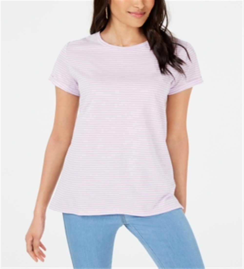 Camiseta feminina listrada com gola redonda Maison Jules, roxa, tamanho grande
