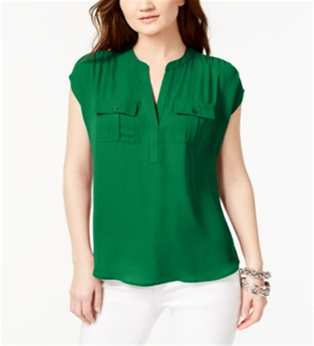 Blusa feminina com bolsos e manga curta, gola V, verde, tamanho grande, da INC International Concepts