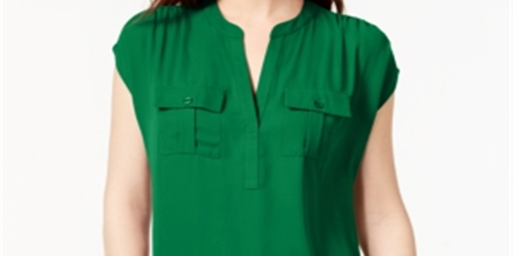 Blusa feminina com bolsos e manga curta, gola V, verde, tamanho grande, da INC International Concepts