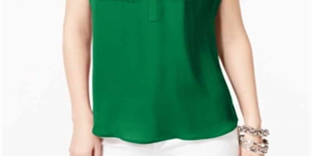 Blusa feminina com bolsos e manga curta, gola V, verde, tamanho grande, da INC International Concepts