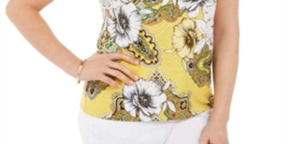 Blusa feminina estampada com ombros descobertos, tamanho P, amarela, da coleção JM