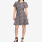 Vestido feminino DKNY estampado, manga curta, gola alta, acima do joelho, tamanho 16, cinza