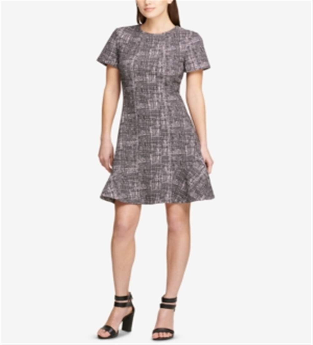Vestido feminino DKNY estampado, manga curta, gola alta, acima do joelho, tamanho 16, cinza