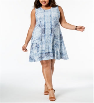 Vestido feminino plus size estampado estilo swing a line azul tamanho 0X