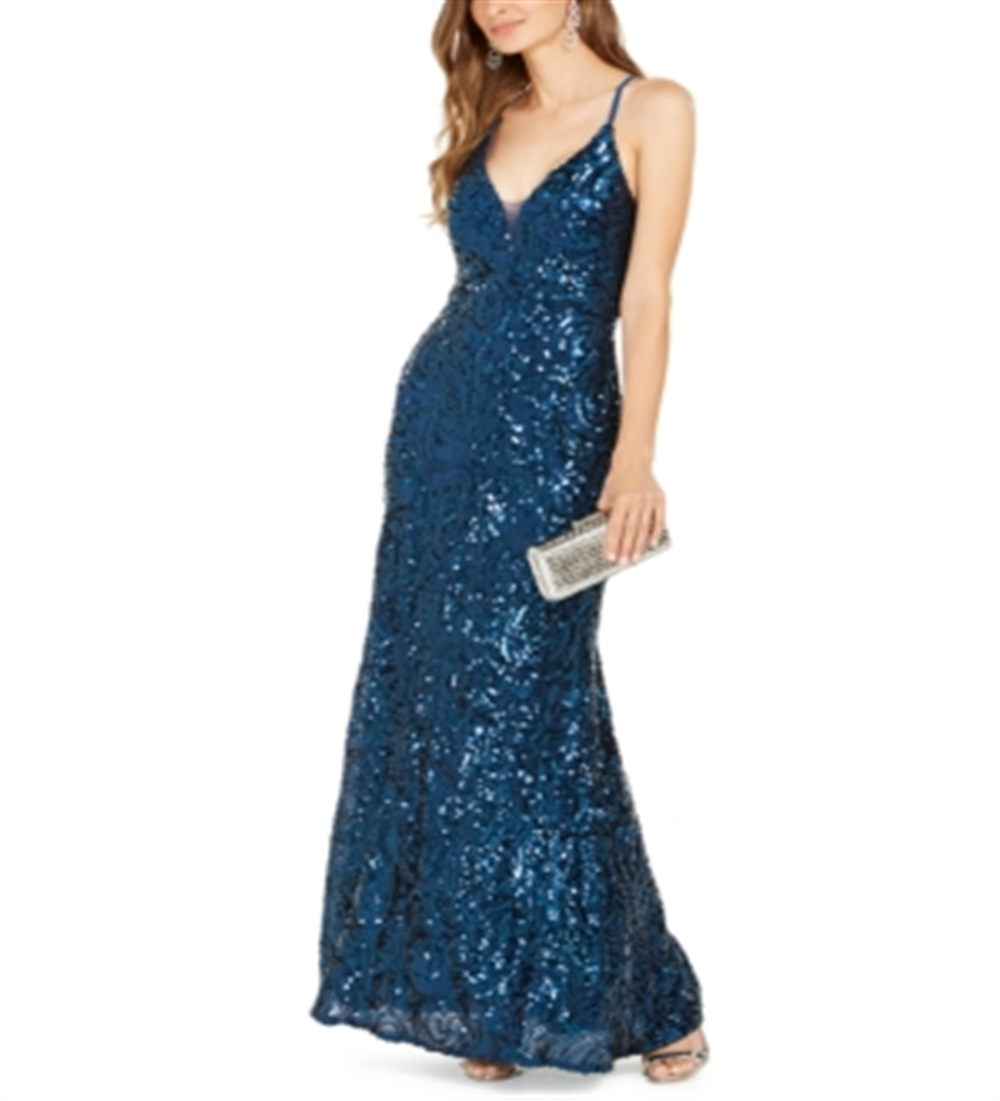 Vestido de noite feminino Nightway com lantejoulas, alças finas, decote em V, comprimento total, bainha, azul, tamanho 8