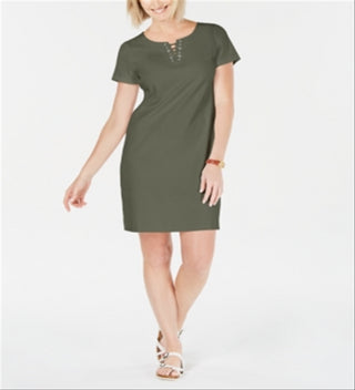Vestido feminino Karen Scott de algodão com amarração e decote dividido, verde, tamanho pequeno