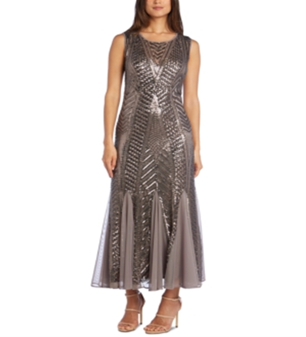 Vestido de noite feminino R &amp; M Richards, sem mangas, com lantejoulas, gola alta, plissado, marrom, tamanho 16